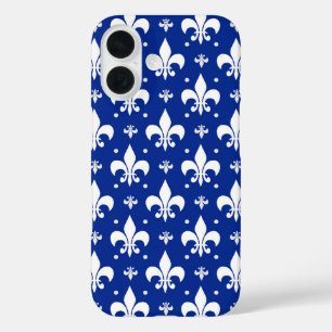 Blauwe achtergrond Fleur-de-lis Patroonontwerp iPhone 16 Hoesje