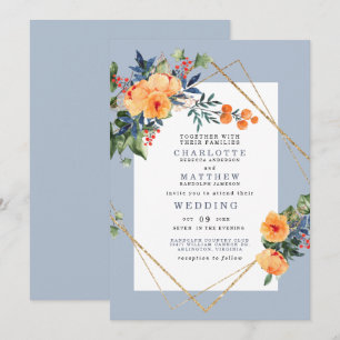 Blauwe achtergrond Kleurrijke Waterverf Floral Wed Kaart