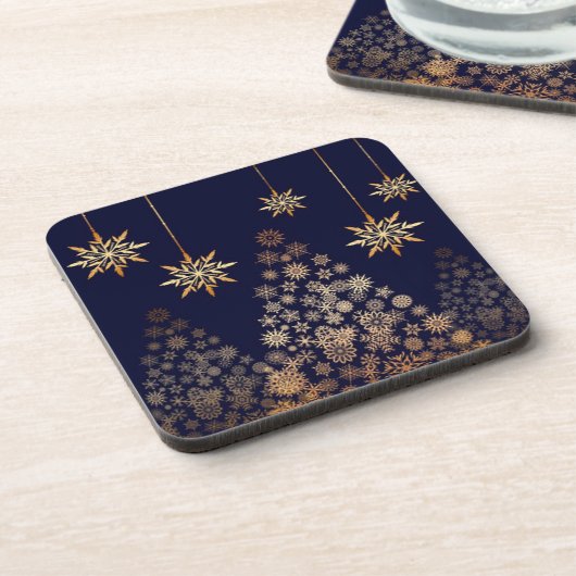 Blauwe achtergrond met gouden kerstboom bier onderzetter (Linkerzijde)