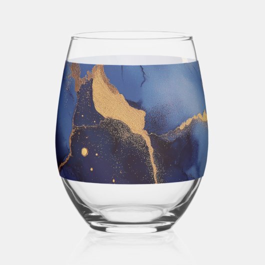 Blauwe achtergrond met gouden strepen en stippen wijnglas zonder voet (Voorkant)