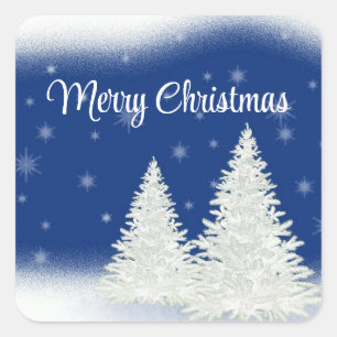 Blauwe achtergrond met kerstboom vierkante sticker