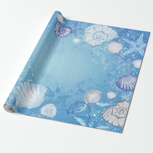 Blauwe achtergrond met schelpen cadeaupapier (Uitgerold)
