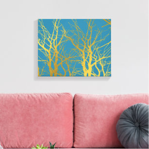Blauwe achtergrond van gouden boomvertakkingen canvas afdruk