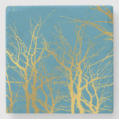 Blauwe achtergrond van gouden boomvertakkingen stenen onderzetter (Voorkant)