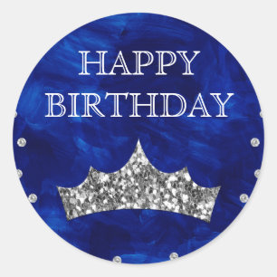 Blauwe acryl en zilver Glitter Crown Birthday Ronde Sticker