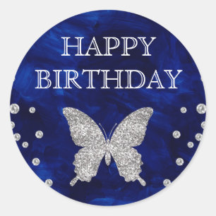 Blauwe Acryl & Zilveren Glitter Vlinder Verjaardag Ronde Sticker