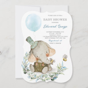 Blauwe afdrukbare olifant babyshowersuitnodigingen kaart