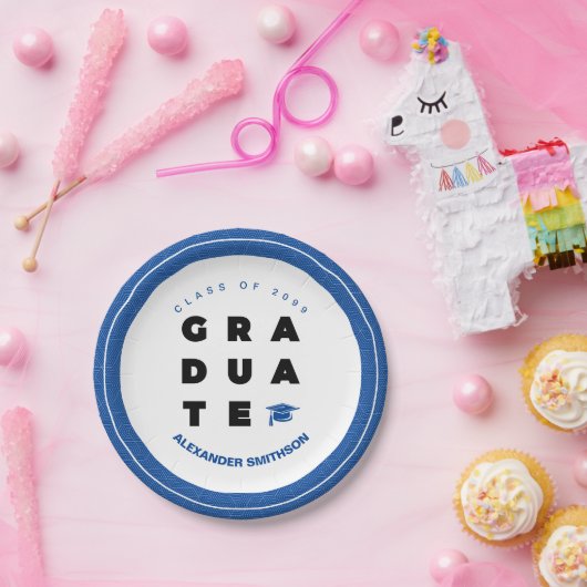 Blauwe, AFSTUDEREN letters en Pet Afstuderen Papieren Bordje (Feest)