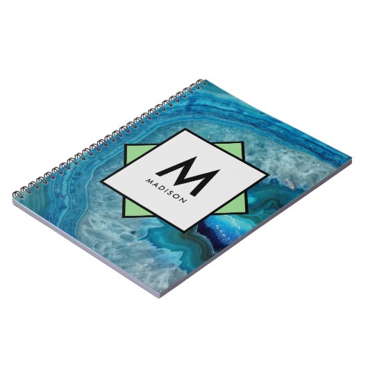 Blauwe Agaat Geode met Jouw naam en Monogram op Notitieboek (Linkerzijde)