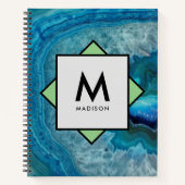Blauwe Agaat Geode met Jouw naam en Monogram op Notitieboek (Voorkant)