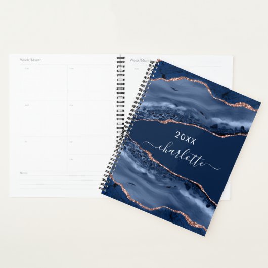 Blauwe agaat marmer roos gouden naam script 2025 planner (Display)