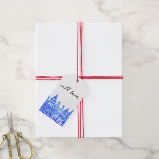 Blauwe Amsterdamse Huizen Cadeaulabel (Met Touw)