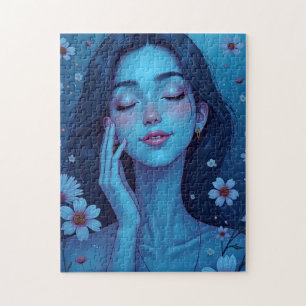 Blauwe Anime Meditatie Bloemen Vrouw Legpuzzel