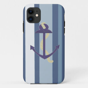 Blauwe anker op gestreepte achtergrond iPhone 11 hoesje