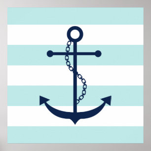 Blauwe anker op mint Stripes Poster