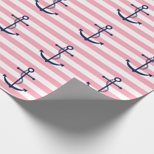 Blauwe anker op roze strepen cadeaupapier (Hoek)