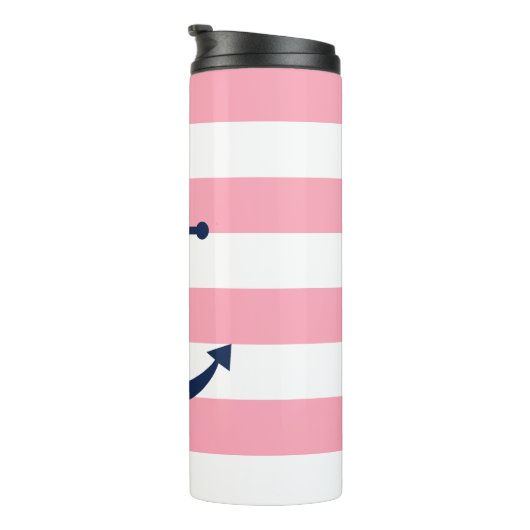 Blauwe anker op roze strepen thermosbeker (Geroteerd rechts)
