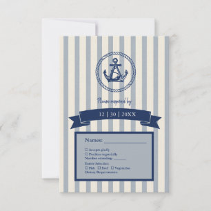 blauwe Anker Streep Maritime Bestemming Huwelijk  RSVP Kaartje