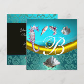 BLAUWE AQUAMARIJN DAMAST STRAND TROUW MONOGRAM KAART (Voorkant / Achterkant)