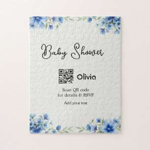 Blauwe aquarel bloem baby shower scan QR RSVP pa Legpuzzel