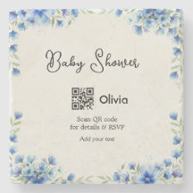 Blauwe aquarel bloem baby shower scan QR RSVP pa