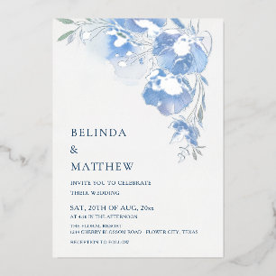 Blauwe Aquarel Bloemen Witte Zilver Folie Uitnodiging