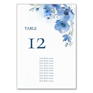Blauwe Aquarel Bloemen Zitplaatsenkaart Kaart