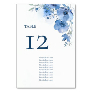 Blauwe Aquarel Bloemen Zitplaatsenkaart Kaart