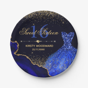 Blauwe Aquarel Jurk & glitter agaat Sweet 16 Papieren Bordje