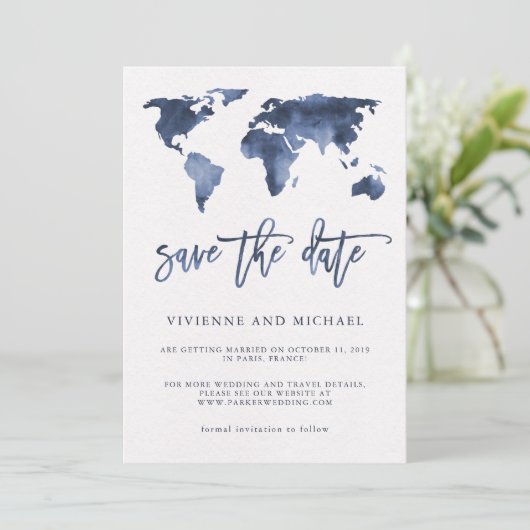 Blauwe Aquarel Wereldkaart | Trouw Save the Date (Staand voorkant)