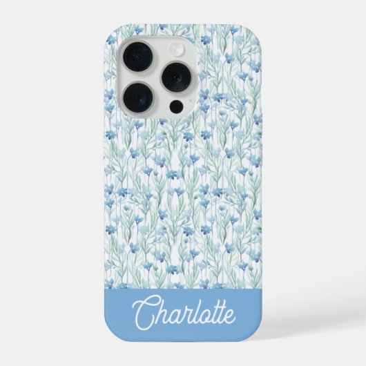 Blauwe aquarel wilde bloemen aangepaste naam iPhone hoesje (Achterkant)