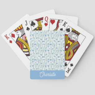 Blauwe aquarel wilde bloemen aangepaste naam pokerkaarten