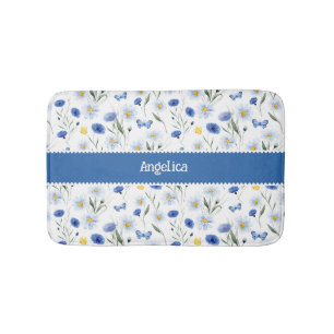Blauwe Aquarel Wilde Bloemen Weide Naam Badmat