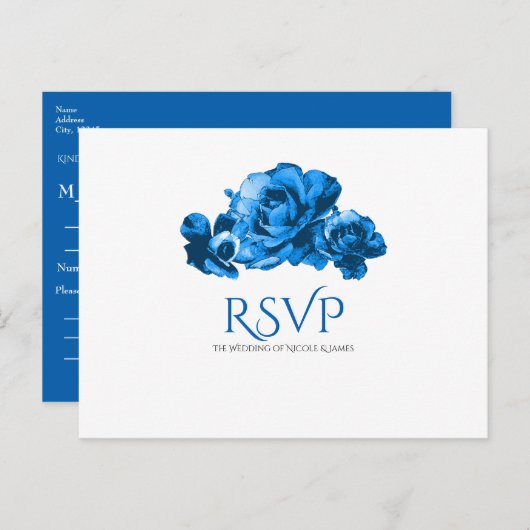 Blauwe Aquarelrozen Elegante Trouw-RSVP Uitnodiging Briefkaart (Voorkant / Achterkant)