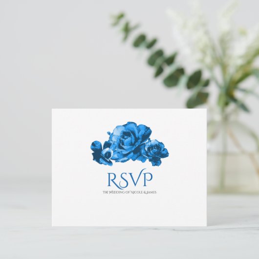 Blauwe Aquarelrozen Elegante Trouw-RSVP Uitnodiging Briefkaart (Staand voorkant)