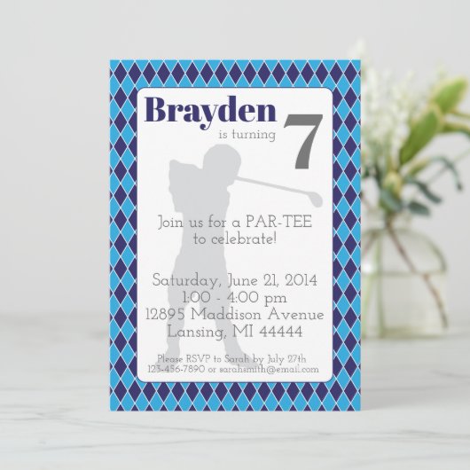 Blauwe Argyle Golf Verjaardagsuitnodiging Kaart (Staand voorkant)