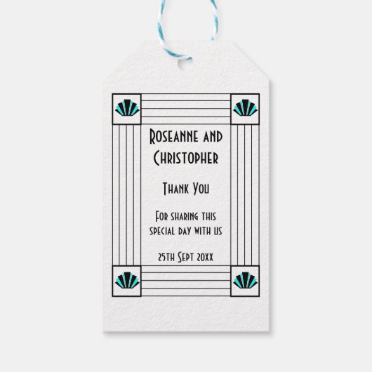 Blauwe Art Deco Design Bruiloft Cadeaulabel (Achterkant)