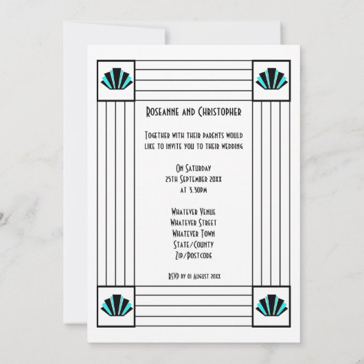 Blauwe Art Deco Design Bruiloft Kaart (Achterkant)