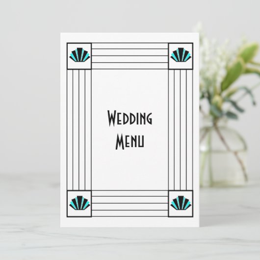 Blauwe Art Deco Design Bruiloft Menu (Staand voorkant)