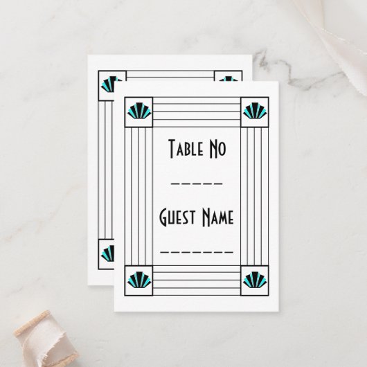 Blauwe Art Deco Design Bruiloft Plaatskaartje (Voorkant / Achterkant in situ)