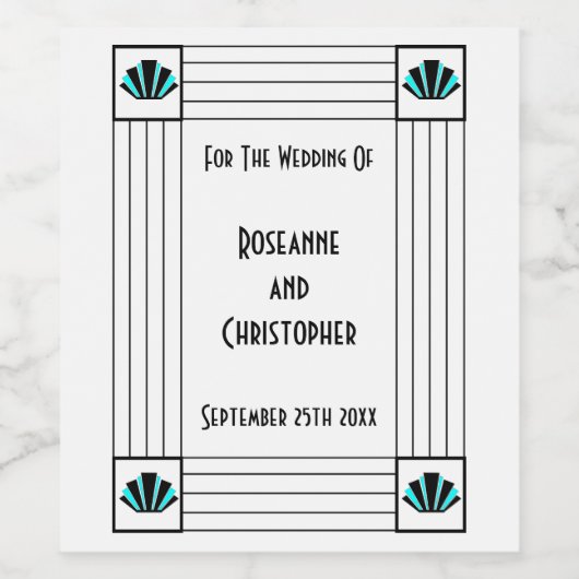 Blauwe Art Deco Design Bruiloft Wijn Etiket (Enkel label)