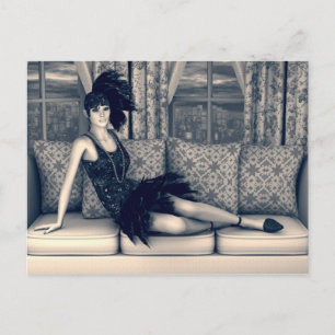Blauwe Art Deco Flapper Vrouw Vintage Kunst Briefkaart