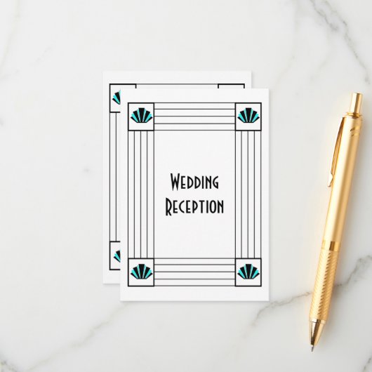 Blauwe Art Deco Ontwerp Bruiloft Receptie Informatiekaartje (Voorkant / Achterkant in situ)