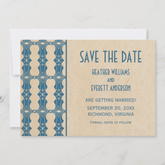 Blauwe Art Deco Rand Save the Date Uitnodiging (Voorkant)