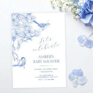 Blauwe artistieke botanische vogel baby shower kaart