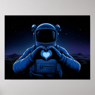Blauwe astronaut maakt hartteken op buitenaardse m poster
