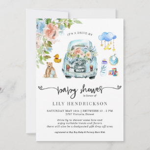 Blauwe Auto Drive-By Baby Shower Uitnodiging