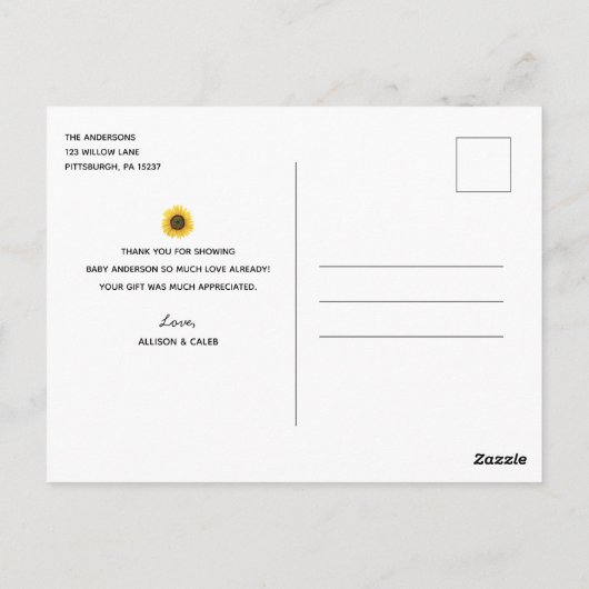 Blauwe auto en zonnebloemen Hartelijk dank Briefkaart (Achterkant)