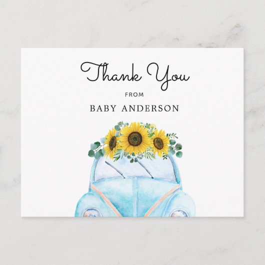 Blauwe auto en zonnebloemen Hartelijk dank Briefkaart (Voorkant)