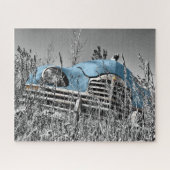 blauwe auto in grijs veld legpuzzel (Horizontaal)
